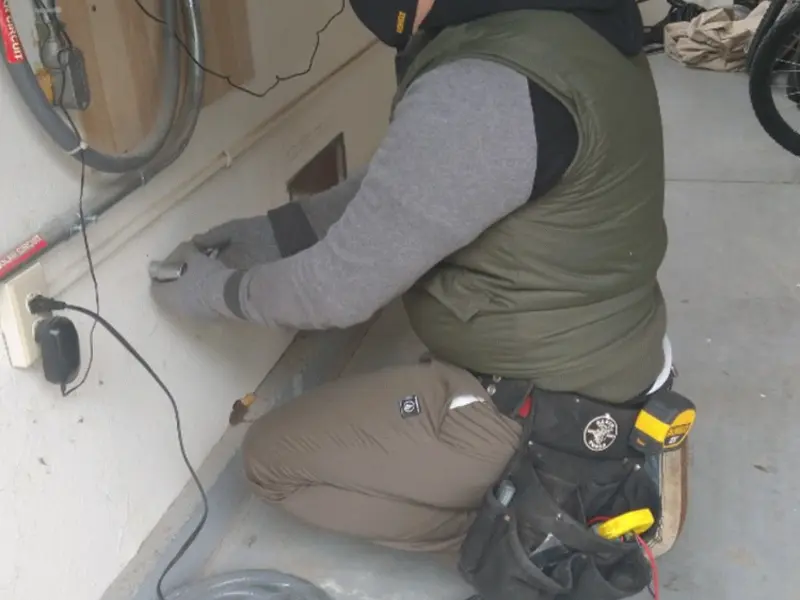 Electrician performing outlet wiring in a Stafford garage